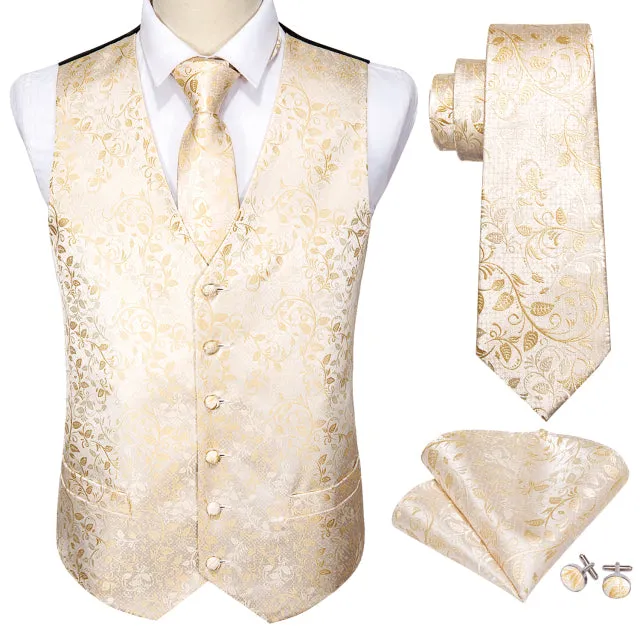 Xituodai 4PC Mens Extra Silk Vest Party Wedding Gold Paisley Solid Floral Waistcoat Vest Pocket Square Tie Suit Set Barry.Wang B