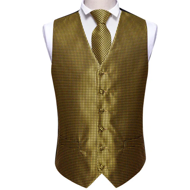 Xituodai 4PC Mens Extra Silk Vest Party Wedding Gold Paisley Solid Floral Waistcoat Vest Pocket Square Tie Suit Set Barry.Wang B