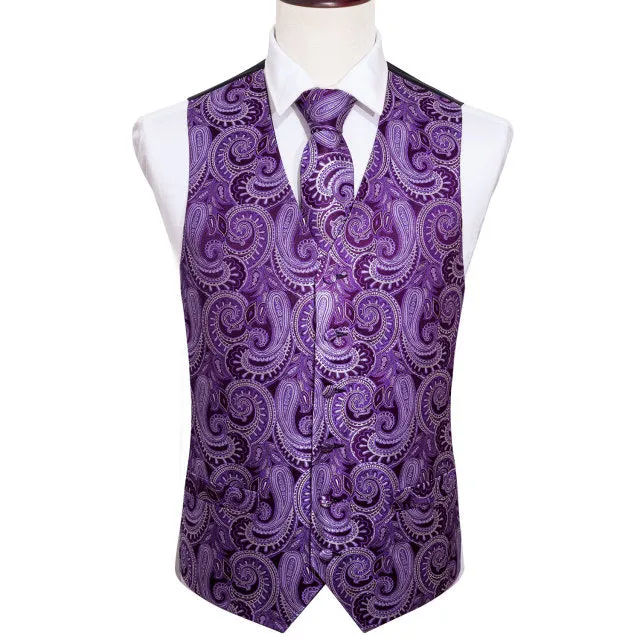 Xituodai 4PC Mens Extra Silk Vest Party Wedding Gold Paisley Solid Floral Waistcoat Vest Pocket Square Tie Suit Set Barry.Wang B