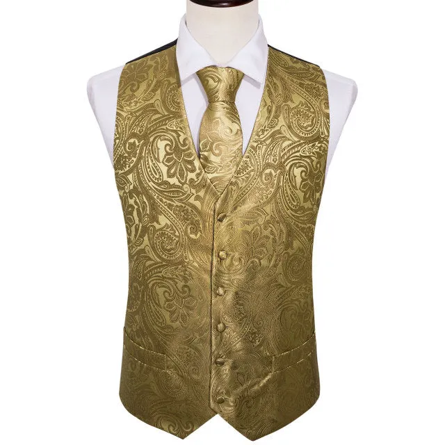 Xituodai 4PC Mens Extra Silk Vest Party Wedding Gold Paisley Solid Floral Waistcoat Vest Pocket Square Tie Suit Set Barry.Wang B