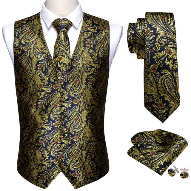 Xituodai 4PC Mens Extra Silk Vest Party Wedding Gold Paisley Solid Floral Waistcoat Vest Pocket Square Tie Suit Set Barry.Wang B