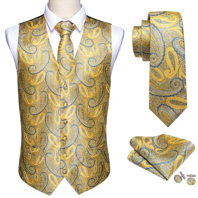 Xituodai 4PC Mens Extra Silk Vest Party Wedding Gold Paisley Solid Floral Waistcoat Vest Pocket Square Tie Suit Set Barry.Wang B